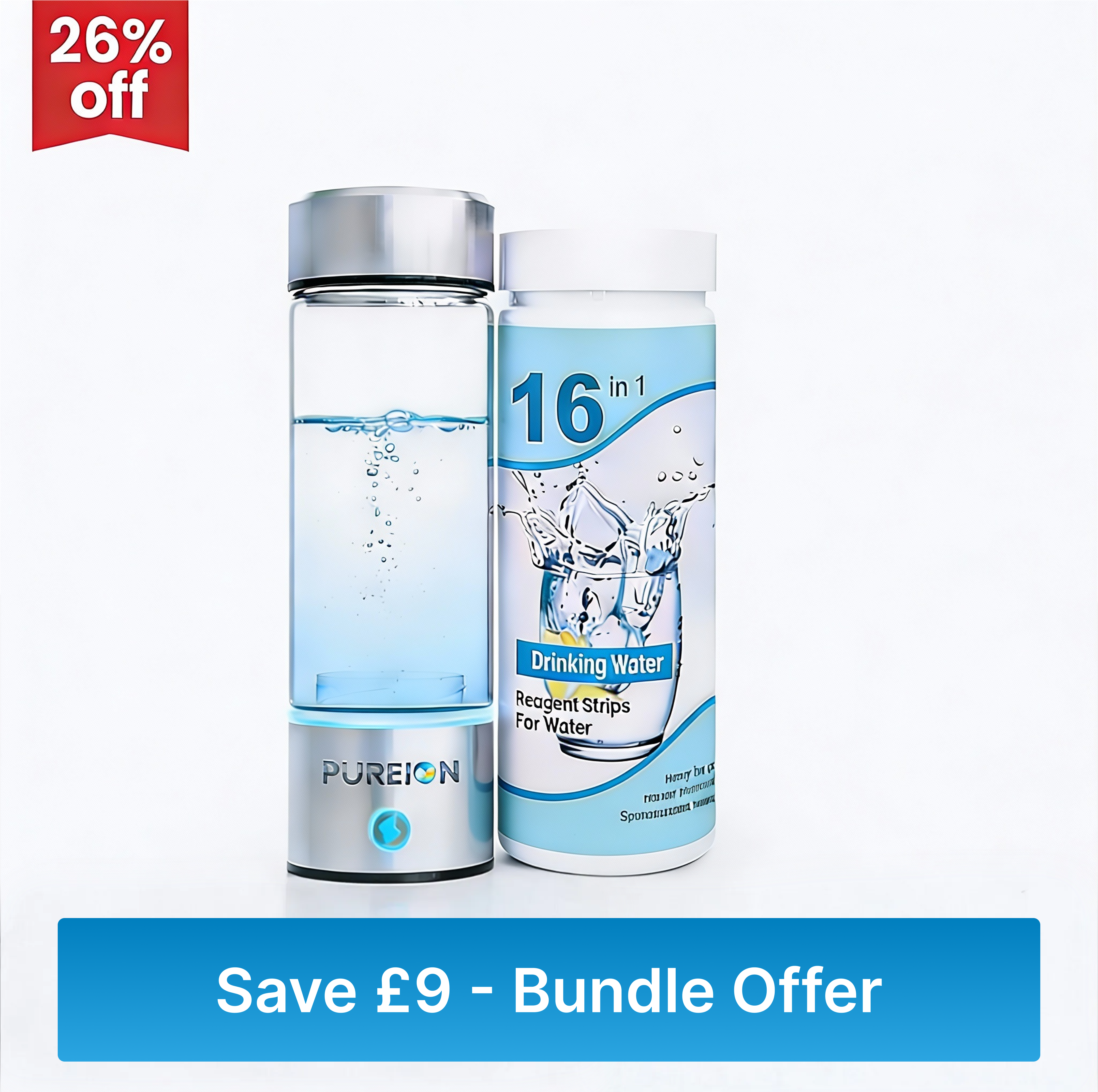 Pureion Hydrogen Water Bottle + 16-in-1 Water Quality Test Strips Combo Pack