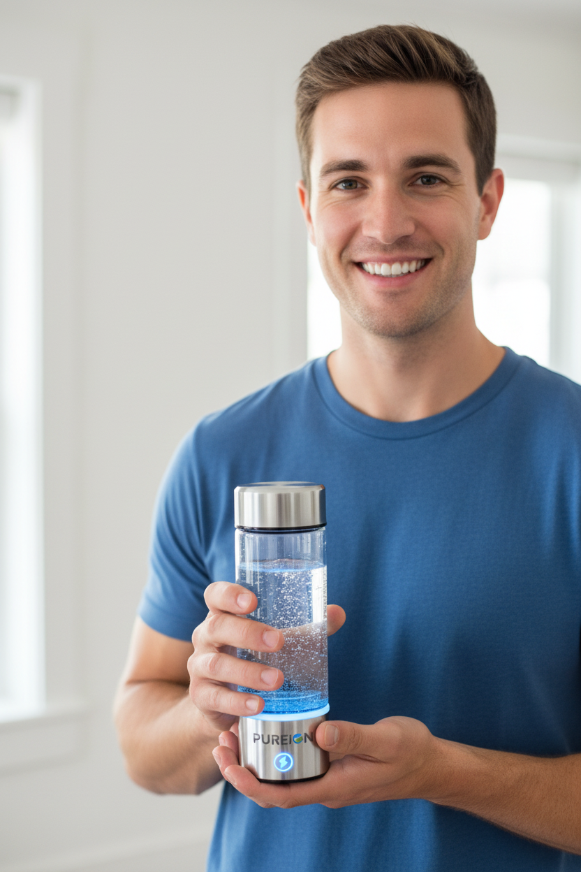 American man with PUREION bottle - blue shirt
