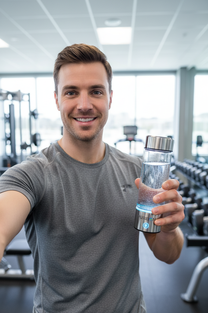 American man with PUREION bottle - selfie style