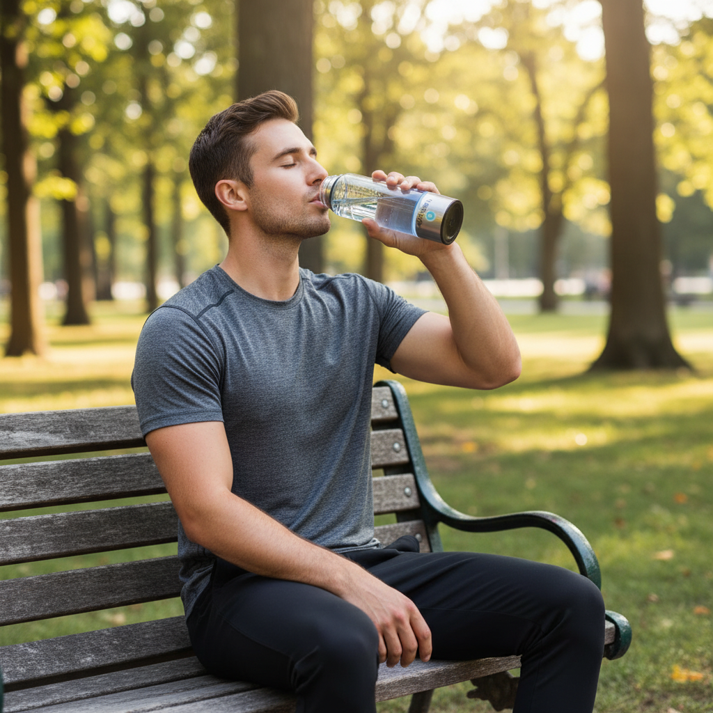 Man on bench drinking from capless PUREION bottle