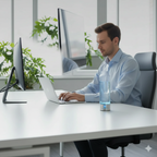 Man working at desk with PUREION bottle