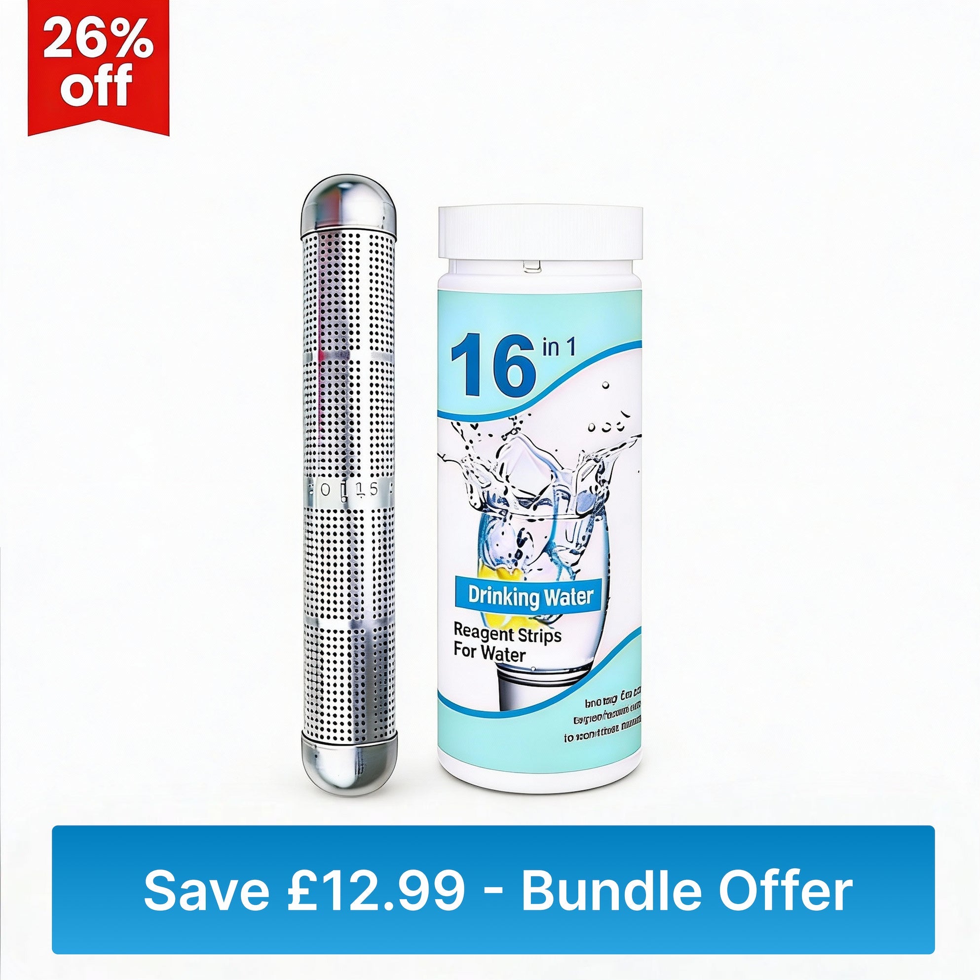 Alkaline stick water purifier + 16 in 1 water quality test strips combo-pack